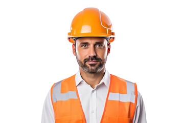 Worker in orange hard hat at construction site, Isolated on transparent background.
