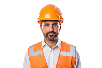 Worker in orange hard hat at construction site, Isolated on transparent background.