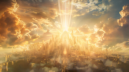 The holy city descending from the heavens, depicted with futuristic architecture and radiant with divine light, set against a backdrop of a new heaven and a new earth, with copy space - obrazy, fototapety, plakaty