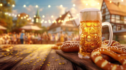 Oktoberfest German Celebration Product Montage: Beer, Weißwurst & Pretzel Tabletop - obrazy, fototapety, plakaty