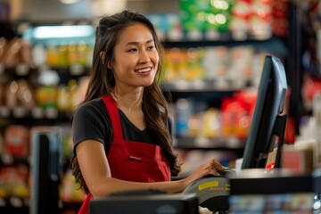 Saleswoman at Work in Grocery Store Checkout