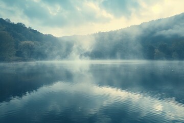 lake shrouded in swirling smoke with mist rising from the waters - obrazy, fototapety, plakaty
