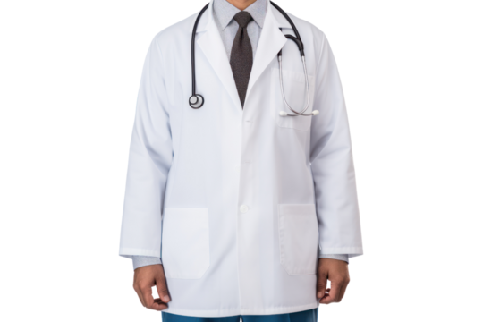 Male doctor wearing a gown, isolated on transparent background.