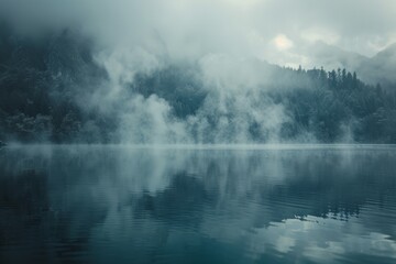 serene lake shrouded in swirling smoke with mist rising from the waters