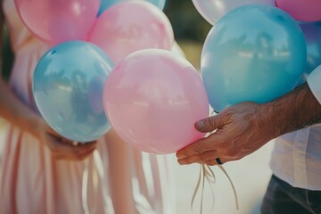 Hands Presenting Balloons for a Baby Shower Gender Reveal