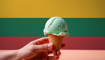 Pistachio ice cream in a wafer cone, held against the backdrop of the Lithuania flag, a tasty treat. - obrazy, fototapety, plakaty