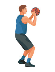 Basketball player in a blue jersey stands and holds the ball with both hands to make a set shot and shoot the into the hoop