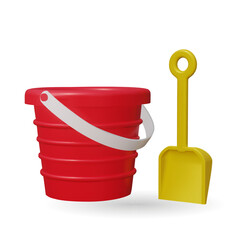 A red plastic bucket and a yellow shovel 3d kids toys. Vector illustration. Toy plastic bucket and a yellow shovel gift for kids. Most classic toys in the past. - 784298707