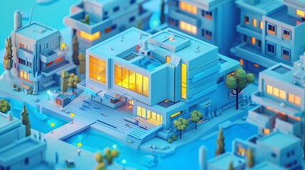 Buildings, shops and architecture designed according to the three-dimensional isometric concept in a minimalist style.