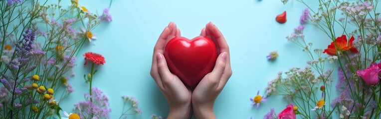 Fototapeta premium Embracing love and nature: hands cradling a heart among spring flowers. This enchanting image features hands tenderly holding a red heart, symbolizing love and care, against a vibrant backdrop of