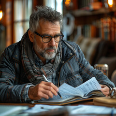 Photo of a handsome man with a beard wearing glasses and a checkered jacket sitting at a table in a cafe