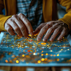 Close up of hands working on an illuminated puzzle with golden circles and yellow lines in the style of pitatinga art