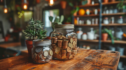 Jars of coins on a wooden table in a coffee shop, with plant decorations and shelves behind - obrazy, fototapety, plakaty