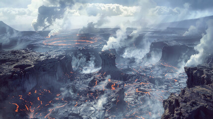 Capture the surreal vista of a volcanic crater, with wisps of steam emanating from earth's crevices.