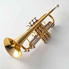 A close-up of a polished brass trumpet lying on a white background, showcasing its elegant design and craftsmanship.