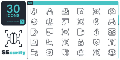Digital Security icon set. 30 editable stroke vector graphic elements, stock illustration Icon symbol, Technology, Financial Technology, Network Security, Security, Security System, Safety