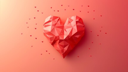 Abstract geometric heart design on a coral background for Valentine's Day - a modern concept of love and affection. A large stylized geometric heart takes center stage surrounded by smaller hearts in