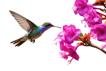 Obraz premium Hummingbird Flying to suck nectar from purple frangipani flowers , Isolated on transparent background.