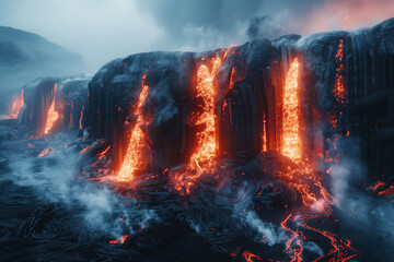 Erupting lava volcano falling as waterfall, natural catastrophe wallpaper background - obrazy, fototapety, plakaty