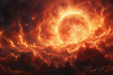 Large sun surrounded by fiery clouds in the sky, natural catastrophe wallpaper background