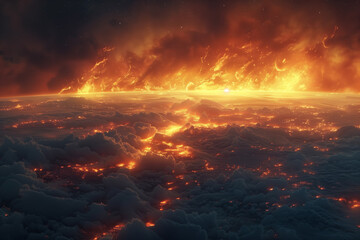 Obraz premium Aerial view of earth with destructive wildfire, natural catastrophe wallpaper background