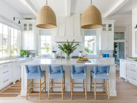 Coastal-themed kitchen with white cabinets, blue accents, and a rustic charm. Bright and inviting.