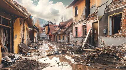 Fototapeta na wymiar Abandoned Village Street Damaged by Flood in a Mountain Area Generative AI