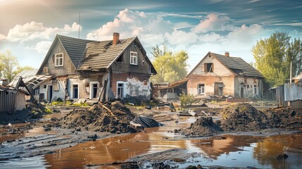 a flood-damaged homes with ruined homes and debris scattered  Generative AI