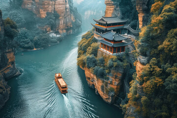 A ship sailing on the river in a canyon in china 