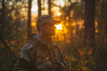 A man wearing camouflage clothing is standing among trees in the woods