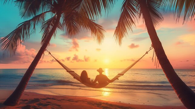 romantic view on vacation on tropical islands. couple in love, man and woman sit in a hammock and watch an incredible sunset over the ocean on their vacation - Powered by Adobe