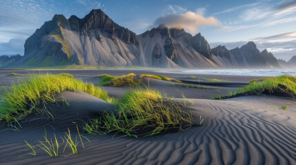 black sand and grassy mounds with morning dawn at Stokksnes, Iceland with the mountain Vestrahorn in the background - obrazy, fototapety, plakaty