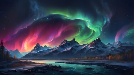 Naklejka premium The dancing colors of the Northern Lights in a starry night sky