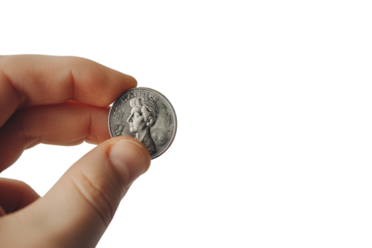 Hand holding a coin, investment symbol ,Isolated on a transparent background.