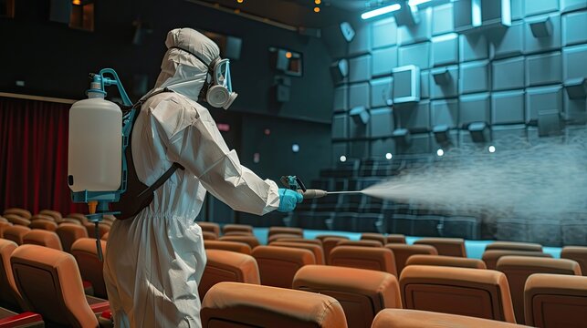 A person in protective clothing and a respirator disinfects red theater seating. This crucial safety measure ensures public spaces remain safe Generative AI