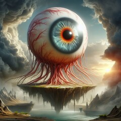 A colossal eye with vibrant iris and bloodshot veins floats above a mystical landscape, suspended on a floating island.. AI Generation