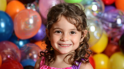 Fototapeta na wymiar A radiant young girl with curly hair wears a bright pink dress and beams with joy at a festive birthday party, surrounded by a vibrant array of balloons in shades of blue, red, yellow, and purple
