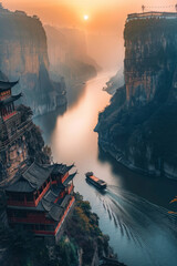 A ship sailing on the river in a canyon in china during the sunrise