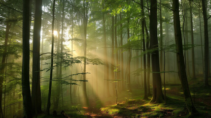 日差しが差す幻想的な森林の風景