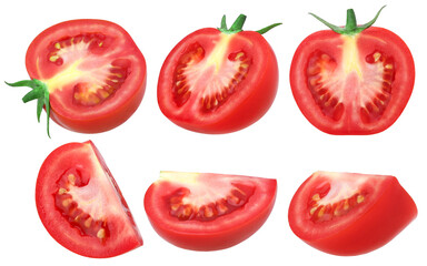half and slices tomato isolated, macro tomato studio photo, transparent PNG, PNG format, juicy
