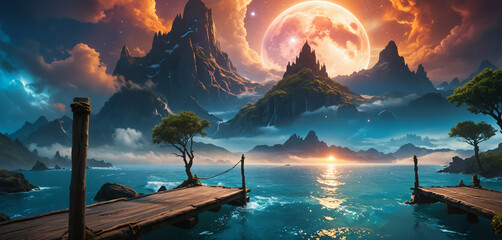 Fantastic landscape with a big full moon and a mountains and lake or river, fantasy matte painting, enchanted dreams. Science fiction landscape, a mystic river and starry sky.  - Powered by Adobe