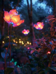 Bioluminescent flowers blooming in a dark garden, vibrant petals, luminous glow, surreal setting, dreamlike aesthetic, 3D render.