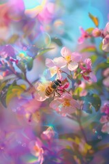 Bees, blossoms, pollinating the freshly bloomed plants in a metropolitan garden.