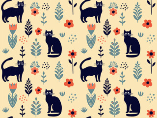 Seamless pattern vector image in flat cartoon style, cat and flowers