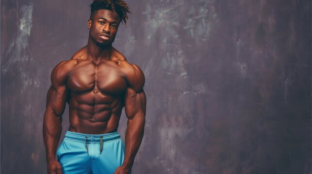 Strong, fit man with muscular physique posing shirtless in black sports underwear. Muscular Male Torso &ndash; Bodybuilding Strength and Fitness Aesthetic