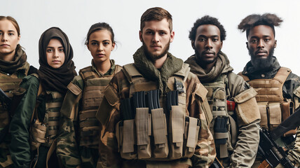 A diverse group of soldiers in uniform, showcasing unity and readiness.