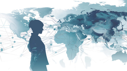 Silhouette of a person against a global network map, symbolizing connectivity and international relations. - obrazy, fototapety, plakaty