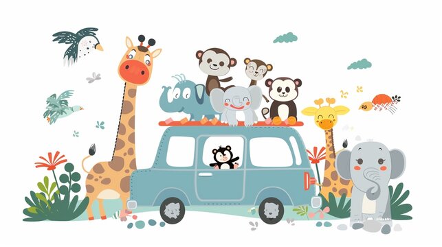 A collection of adorable cartoon animal characters joyfully riding atop a car, depicted in a clip art aesthetic, set against a white background.