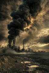 Factory, Industrialization, Workers rights, An industrial factory emitting dark smoke into the sky.