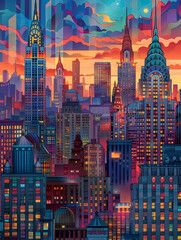 Vibrant cityscape art with glowing skyscrapers against a purple dusk sky - obrazy, fototapety, plakaty